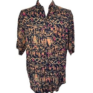 GOOUCH Men Medium Orange Abstract Print Short Sleeve Button Up Shirt Rayon Nepal